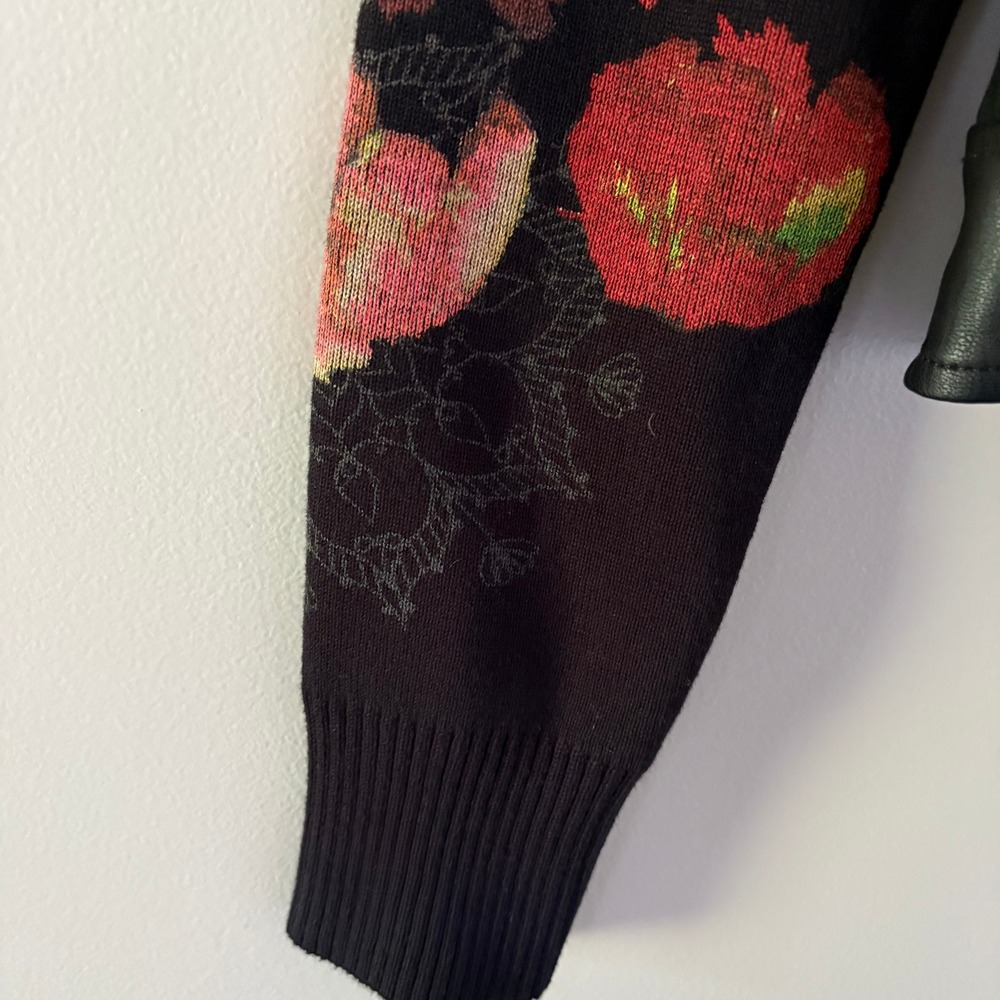Desigual Moto Jacket 42 Black Floral Knit Sleeve Mixed Media Biker - Picture 10 of 16